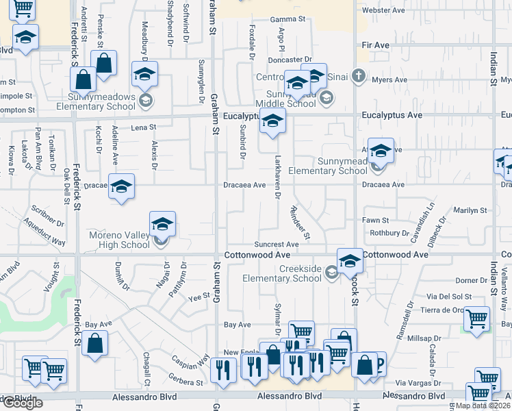 map of restaurants, bars, coffee shops, grocery stores, and more near 13300 Sunfield Drive in Moreno Valley