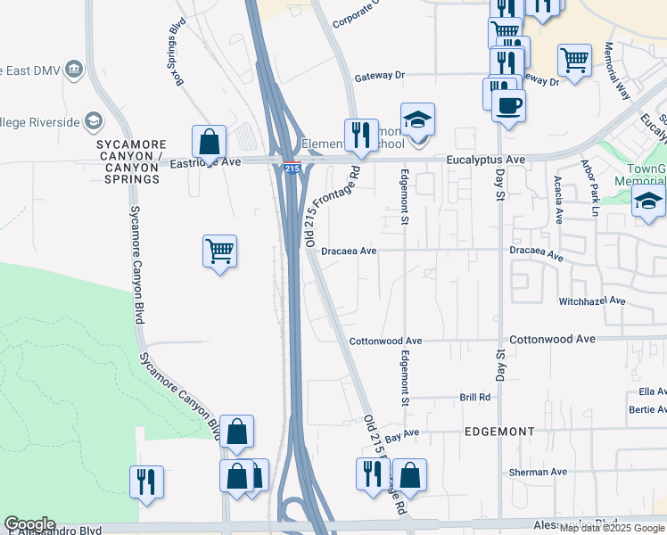 map of restaurants, bars, coffee shops, grocery stores, and more near 13316 Old 215 Frontage Road in Moreno Valley