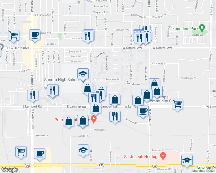 map of restaurants, bars, coffee shops, grocery stores, and more near 2171 Lake Side Drive in La Habra