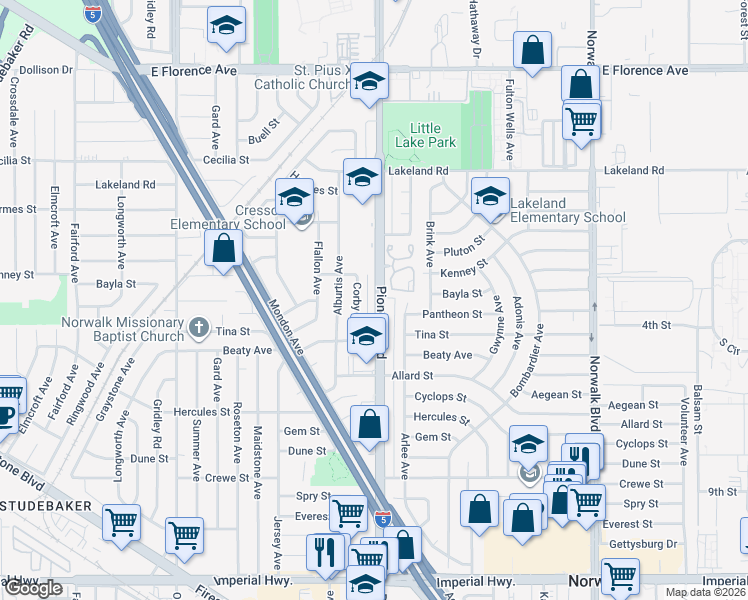 map of restaurants, bars, coffee shops, grocery stores, and more near 11502 Pioneer Boulevard in Norwalk