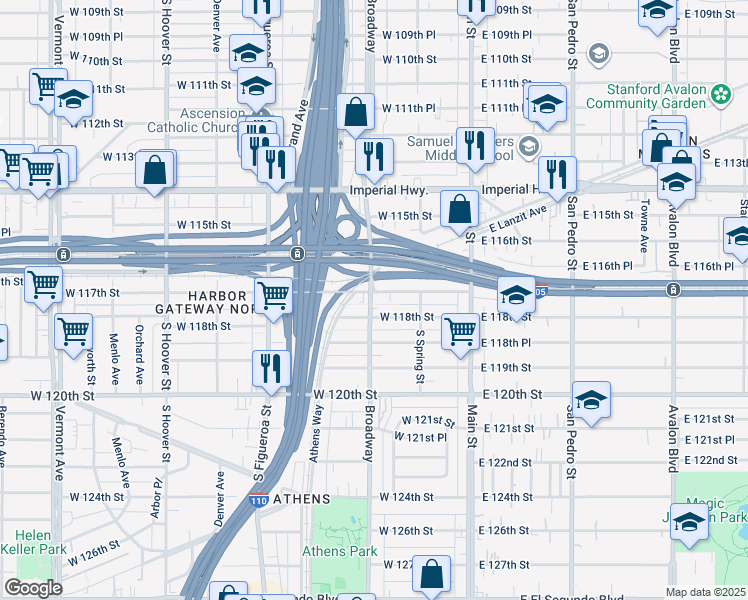 map of restaurants, bars, coffee shops, grocery stores, and more near 256 West 117th Street in Los Angeles