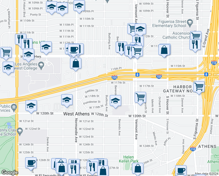 map of restaurants, bars, coffee shops, grocery stores, and more near 11723 Budlong Avenue in Los Angeles