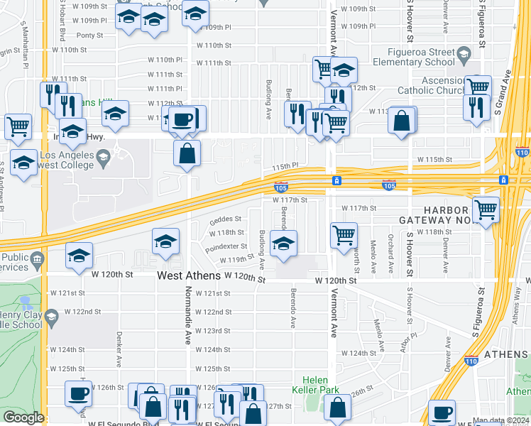 map of restaurants, bars, coffee shops, grocery stores, and more near 11723 Budlong Avenue in Los Angeles