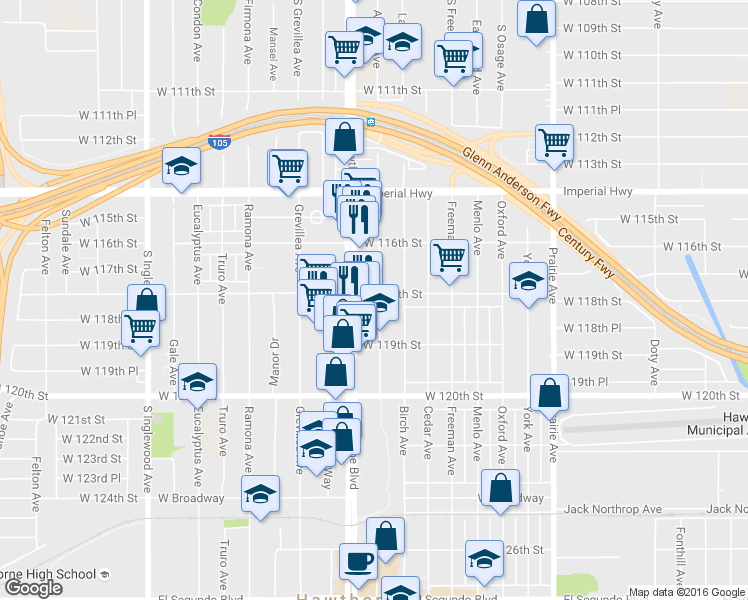 map of restaurants, bars, coffee shops, grocery stores, and more near 11813 Acacia Avenue in Hawthorne