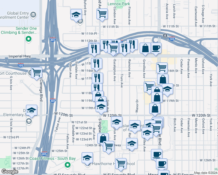 map of restaurants, bars, coffee shops, grocery stores, and more near 4760 West 118th Street in Hawthorne