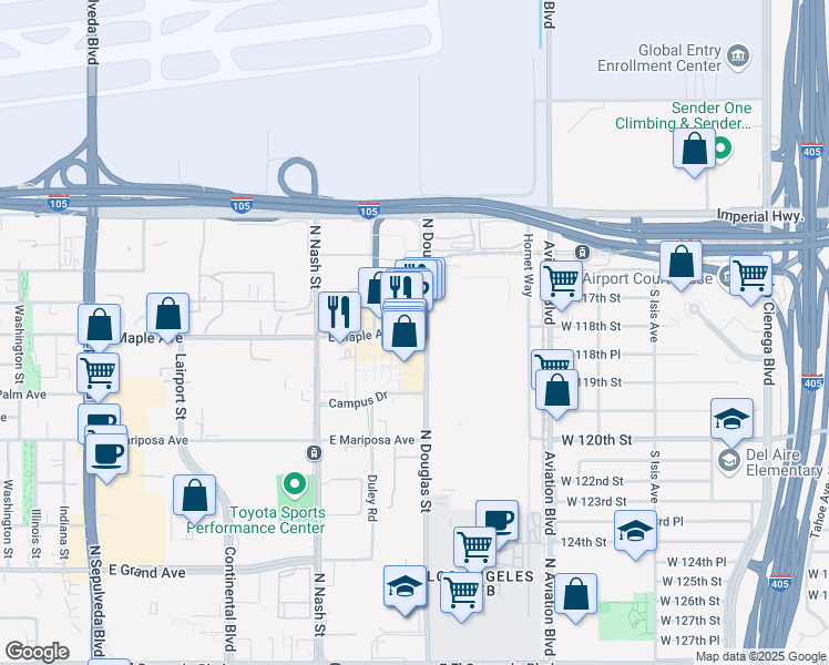 map of restaurants, bars, coffee shops, grocery stores, and more near 700 N Douglas St in El Segundo