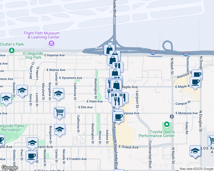 map of restaurants, bars, coffee shops, grocery stores, and more near 1633 East Maple Avenue in El Segundo