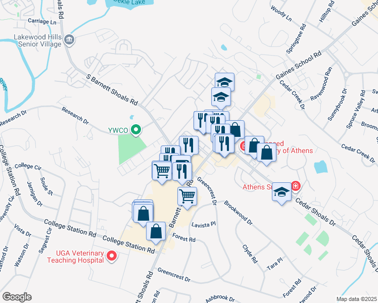 map of restaurants, bars, coffee shops, grocery stores, and more near 1685 South Barnett Shoals Road in Athens