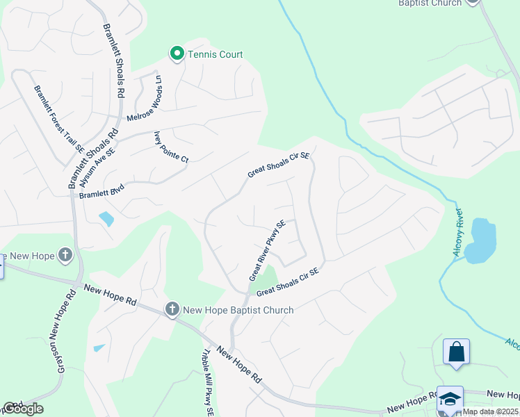 map of restaurants, bars, coffee shops, grocery stores, and more near 1028 River Forest Point Southeast in Lawrenceville