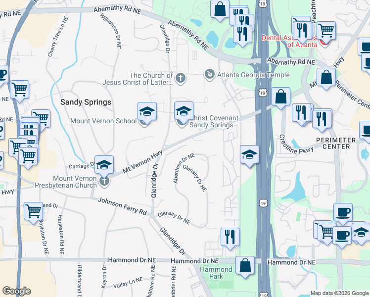 map of restaurants, bars, coffee shops, grocery stores, and more near 6309 Mount Vernon Oaks Drive in Atlanta