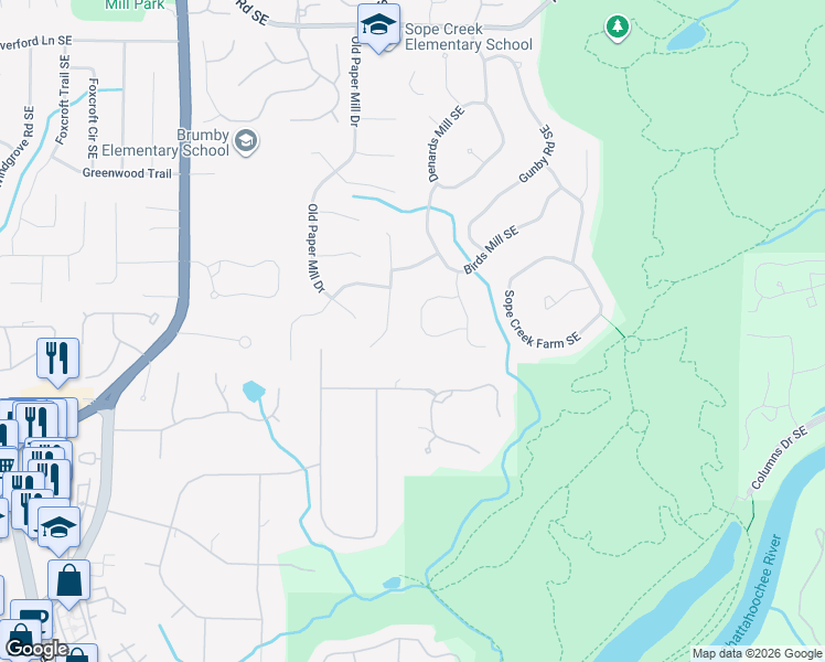 map of restaurants, bars, coffee shops, grocery stores, and more near 3593 Tuckers Farm Southeast in Marietta