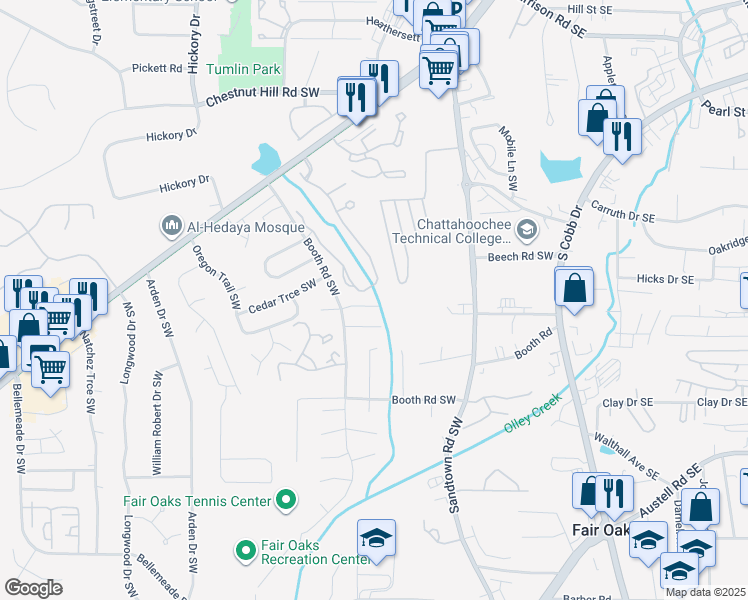map of restaurants, bars, coffee shops, grocery stores, and more near 296 Burns Court Southwest in Marietta