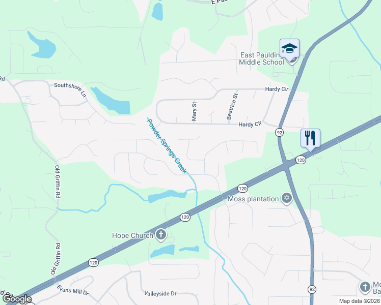 map of restaurants, bars, coffee shops, grocery stores, and more near 112 Creekside Drive in Dallas