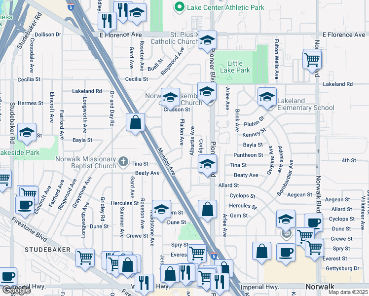 map of restaurants, bars, coffee shops, grocery stores, and more near 11430 Flallon Avenue in Norwalk