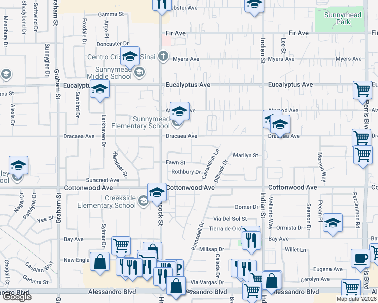 map of restaurants, bars, coffee shops, grocery stores, and more near 13311 Helmsdale Street in Moreno Valley