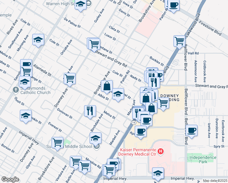 map of restaurants, bars, coffee shops, grocery stores, and more near 8605 Boyne Street in Downey
