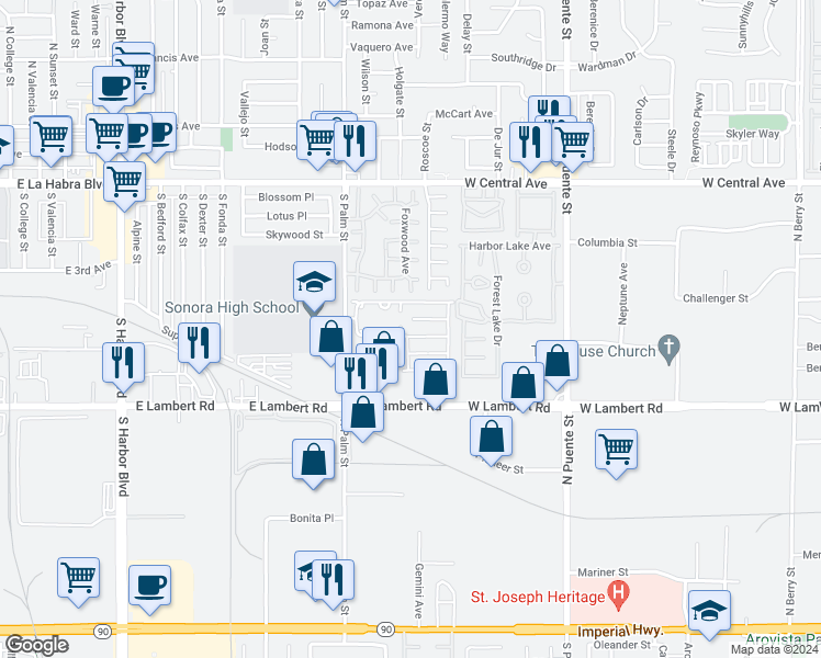 map of restaurants, bars, coffee shops, grocery stores, and more near 620 Lake Ridge Way in La Habra