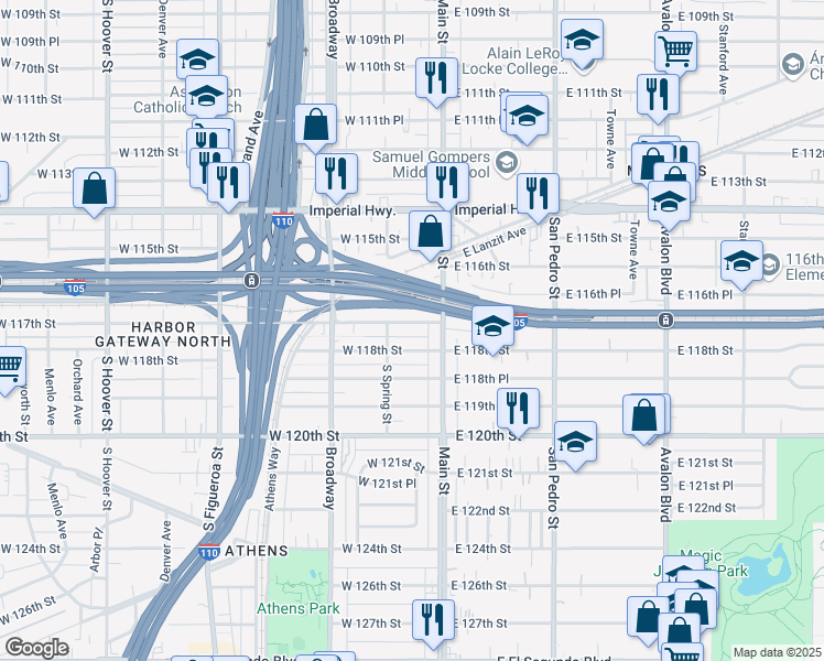 map of restaurants, bars, coffee shops, grocery stores, and more near 132 West 117th Street in Los Angeles