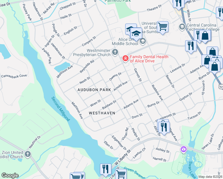 map of restaurants, bars, coffee shops, grocery stores, and more near 500 Arnold Avenue in Sumter