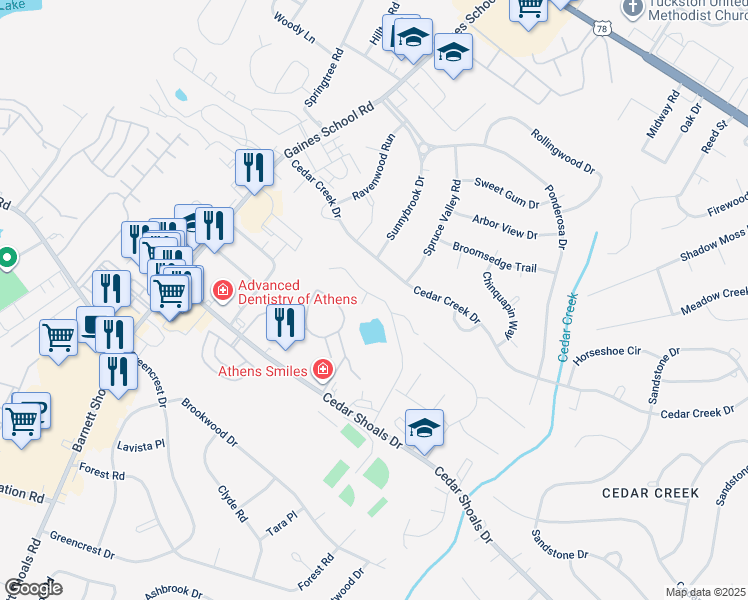 map of restaurants, bars, coffee shops, grocery stores, and more near 156 Spring Lake Drive in Athens