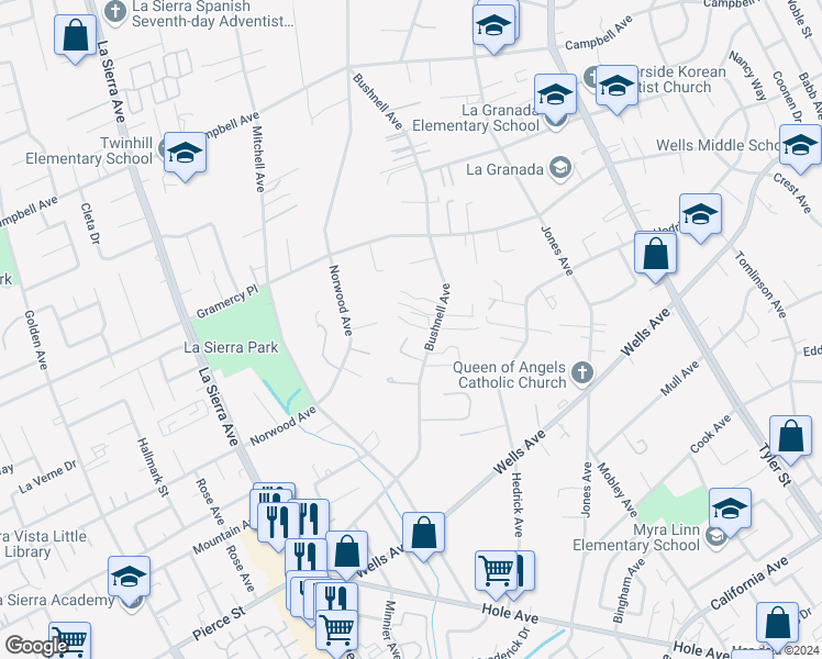 map of restaurants, bars, coffee shops, grocery stores, and more near 5140 Bushnell Avenue in Riverside