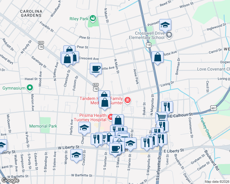 map of restaurants, bars, coffee shops, grocery stores, and more near 400 North Main Street in Sumter