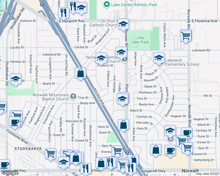 map of restaurants, bars, coffee shops, grocery stores, and more near 11430 Flallon Avenue in Norwalk