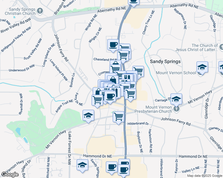 map of restaurants, bars, coffee shops, grocery stores, and more near 342 Sandy Springs Circle in Atlanta