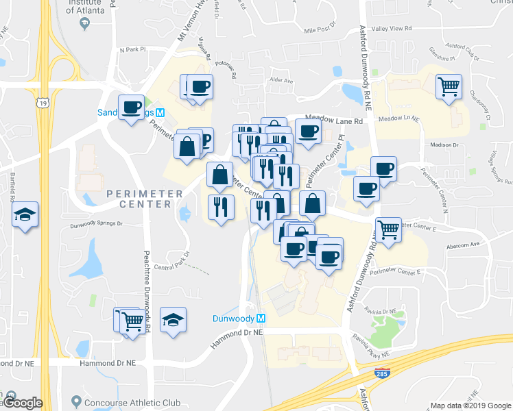 map of restaurants, bars, coffee shops, grocery stores, and more near 134 Perimeter Center West in Dunwoody