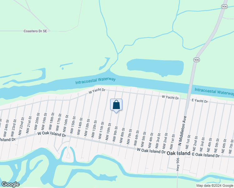 map of restaurants, bars, coffee shops, grocery stores, and more near 907 West Yacht Drive in Oak Island