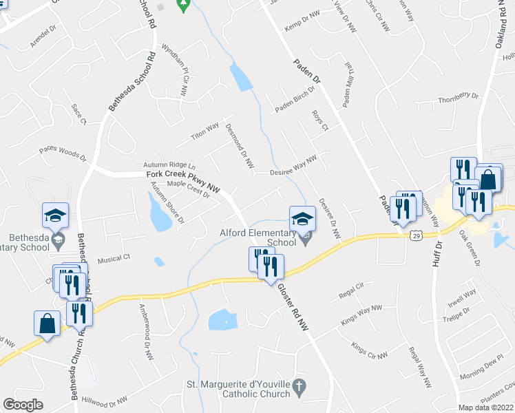 map of restaurants, bars, coffee shops, grocery stores, and more near 2660 Windstream Way Northwest in Lawrenceville
