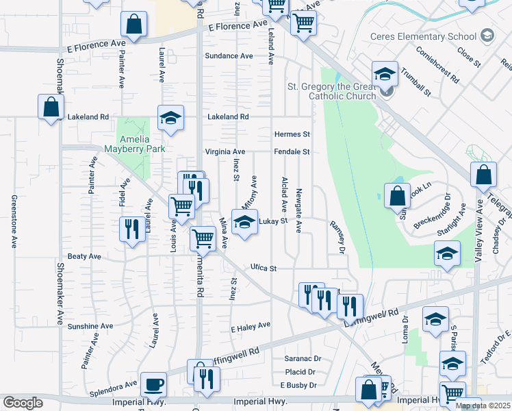 map of restaurants, bars, coffee shops, grocery stores, and more near 11408 Mitony Avenue in Whittier