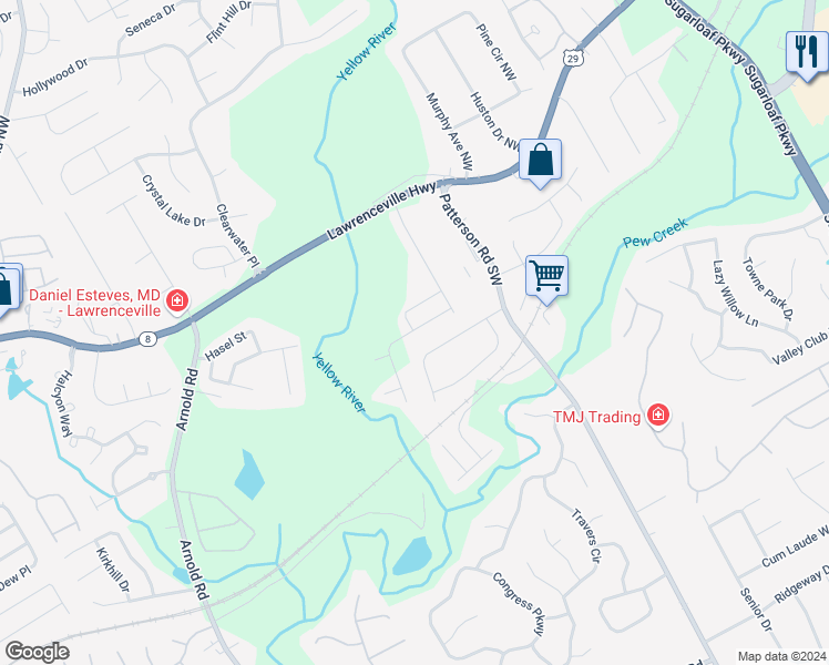 map of restaurants, bars, coffee shops, grocery stores, and more near 235 Holdings Drive in Lawrenceville