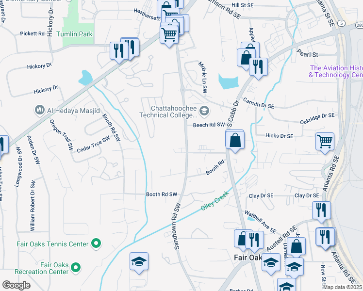 map of restaurants, bars, coffee shops, grocery stores, and more near 1070 Sandtown Road Southwest in Marietta