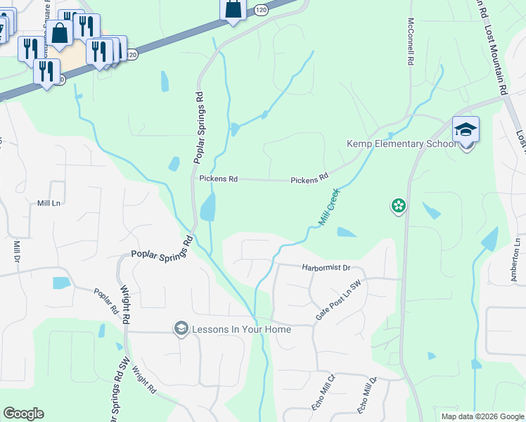 map of restaurants, bars, coffee shops, grocery stores, and more near 5595 Pickens Road in Powder Springs
