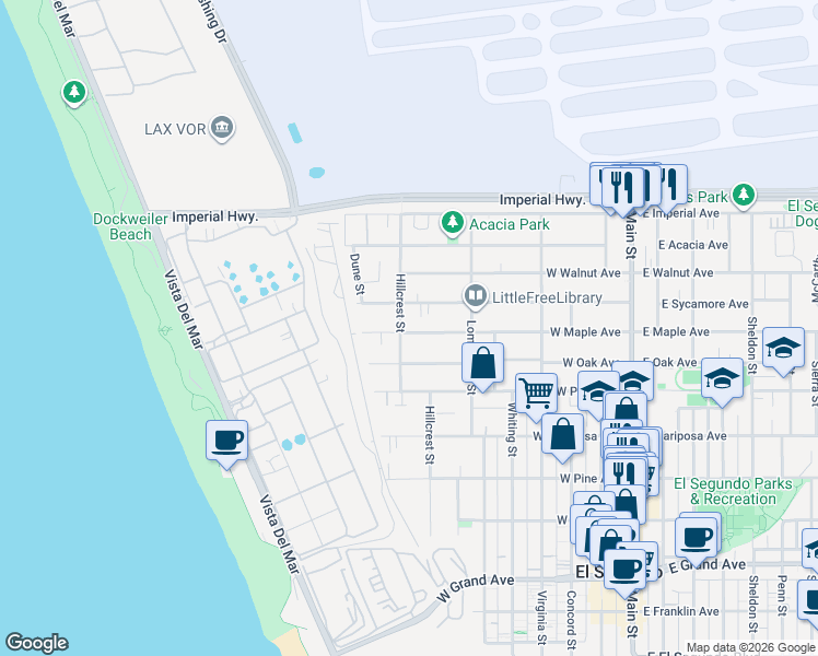 map of restaurants, bars, coffee shops, grocery stores, and more near 804 Hillcrest Street in El Segundo