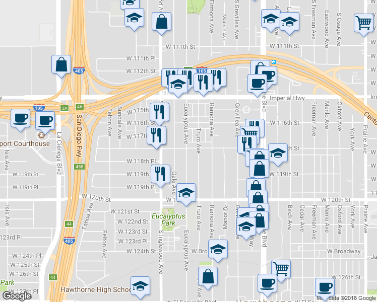 map of restaurants, bars, coffee shops, grocery stores, and more near 4690 West 118th Street in Hawthorne