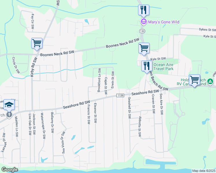 map of restaurants, bars, coffee shops, grocery stores, and more near 2566 Cajah Street Southwest in Brunswick County