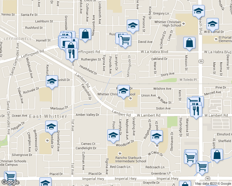 map of restaurants, bars, coffee shops, grocery stores, and more near 16407 Andiron Dr in Whittier
