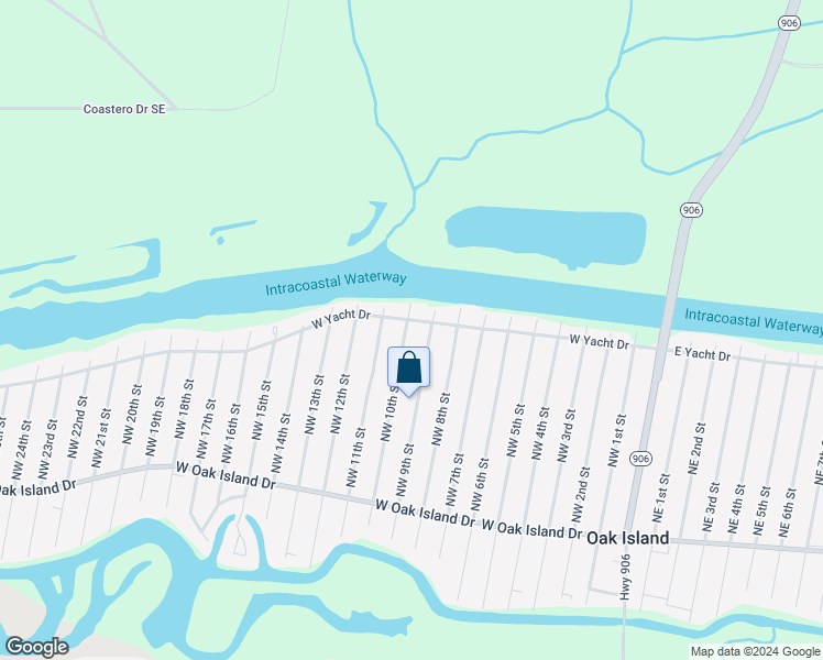 map of restaurants, bars, coffee shops, grocery stores, and more near 907 West Yacht Drive in Oak Island