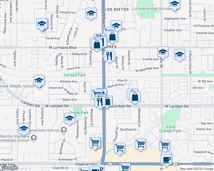 map of restaurants, bars, coffee shops, grocery stores, and more near 571 Berry Way in La Habra