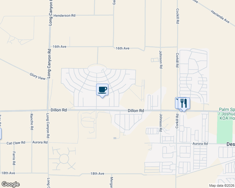 map of restaurants, bars, coffee shops, grocery stores, and more near 16725 Camino Mirasol Drive in Desert Hot Springs
