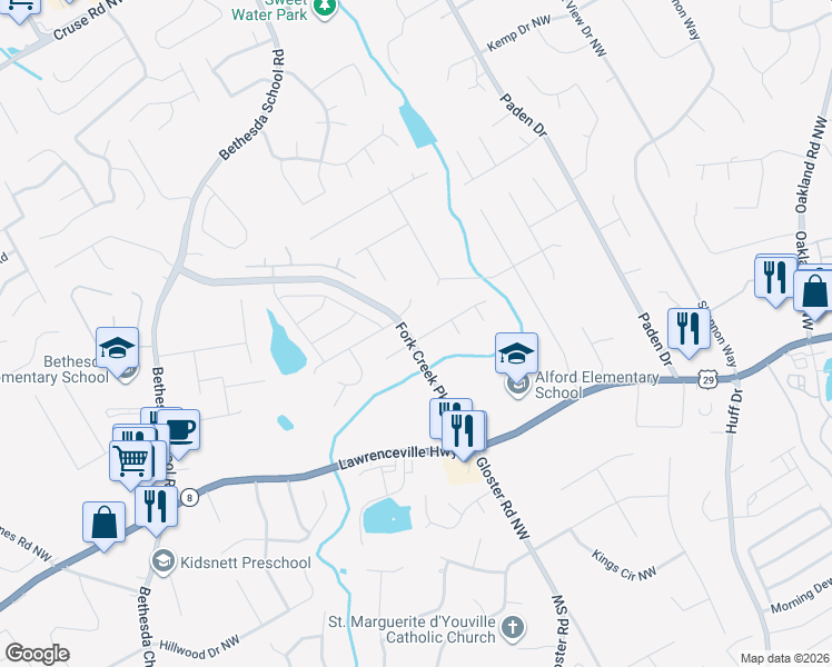 map of restaurants, bars, coffee shops, grocery stores, and more near 2695 Windstream Way Northwest in Lawrenceville