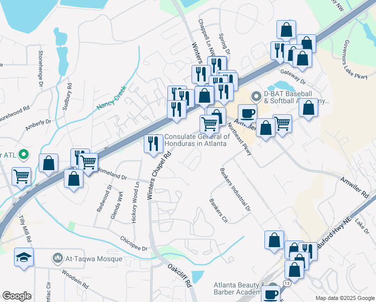 map of restaurants, bars, coffee shops, grocery stores, and more near 4539 Winters Chapel Road in Atlanta