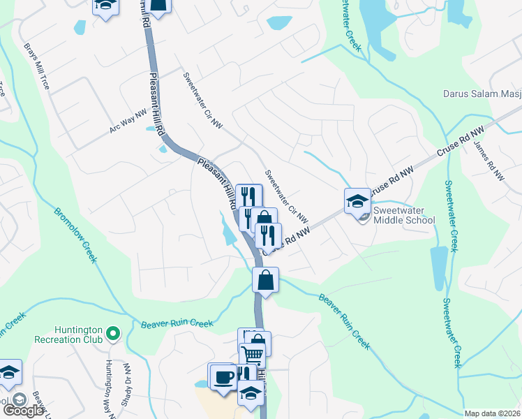 map of restaurants, bars, coffee shops, grocery stores, and more near 952 Abbey Park Way in Lawrenceville