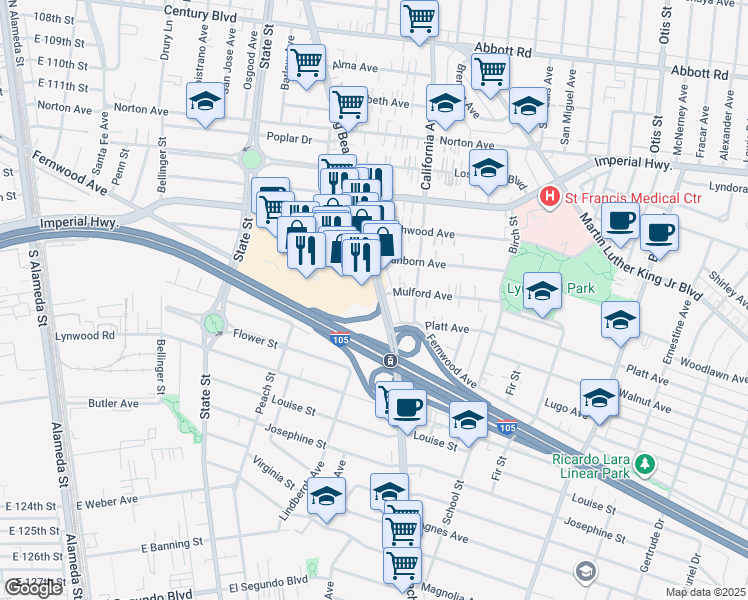 map of restaurants, bars, coffee shops, grocery stores, and more near 1140 Long Beach Boulevard in Lynwood