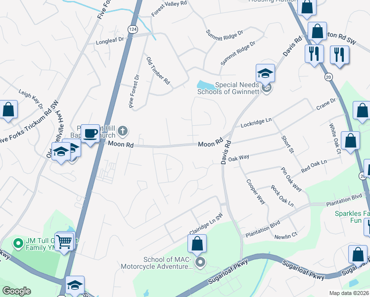 map of restaurants, bars, coffee shops, grocery stores, and more near 674 Moon Road in Lawrenceville