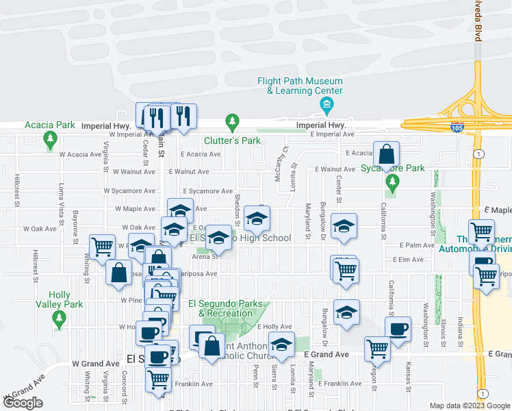 map of restaurants, bars, coffee shops, grocery stores, and more near 531 East Maple Avenue in El Segundo