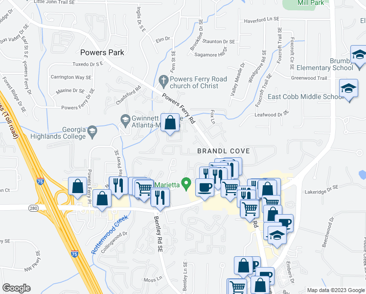 map of restaurants, bars, coffee shops, grocery stores, and more near 107 Willow Field Drive in Marietta