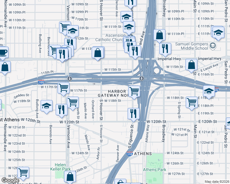 map of restaurants, bars, coffee shops, grocery stores, and more near 11701 Denver Avenue in Los Angeles